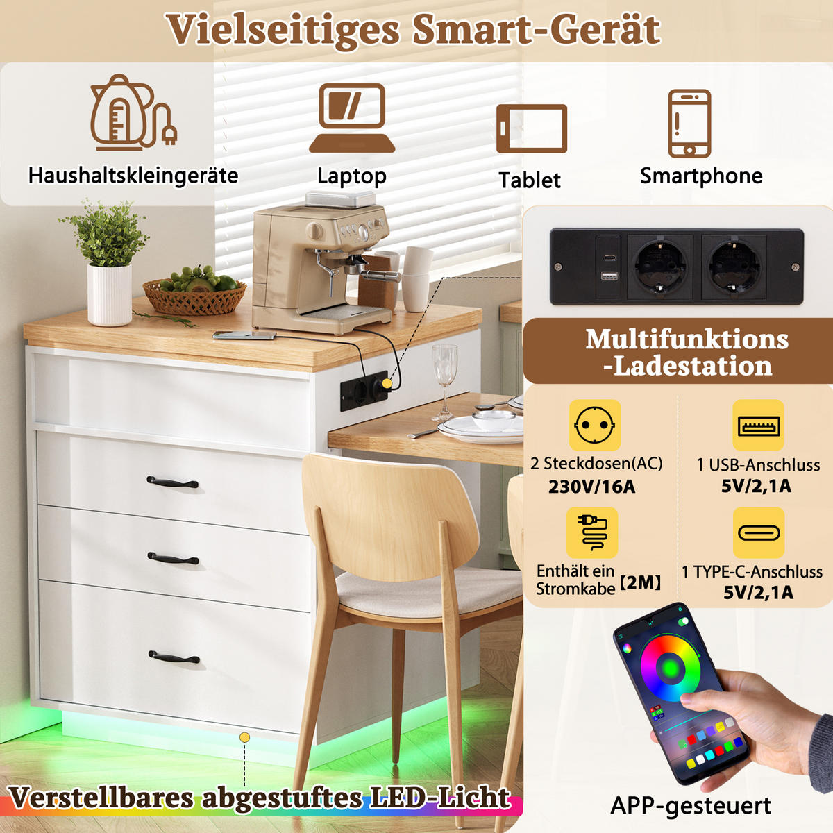 KÜCHENINSEL 125,5×71×93 cm aus MDF mit LED & USB-Ladestation, weiß - Weiß, Holzwerkstoff (71/93/125.5cm) - Luhomfu