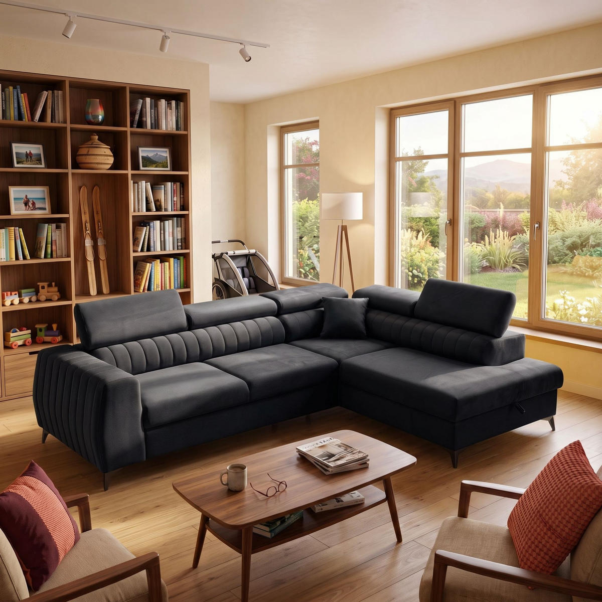 ECKSOFA PIERO L Rechts mit Schlaffunktion 195x125 Velours Dunkelgrau - Dunkelgrau/Schwarz, Holz/Textil (203/268cm) - Muffo