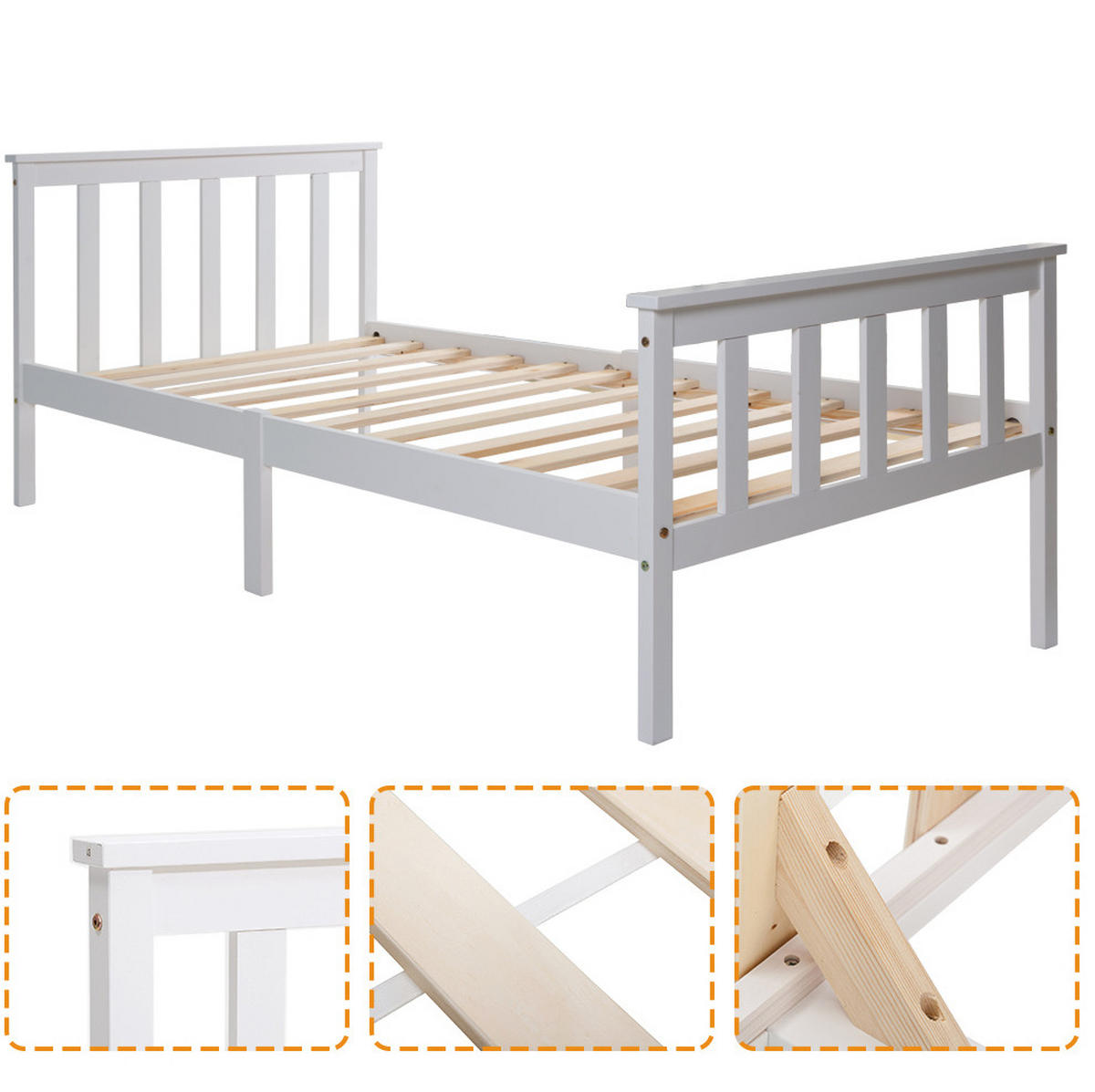 HOLZBETT 90/200 cm weiß aus massivem Holz mit Kopfteil - Weiß, Holz (90/200cm) - OKWISH