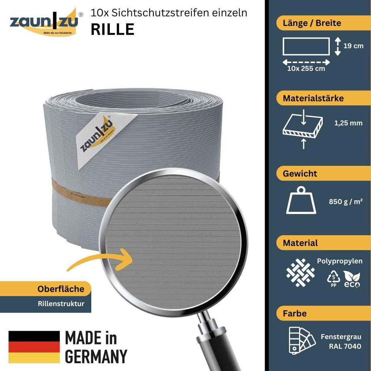 SICHTSCHUTZSTREIFEN Rille 10x Einzelstreifen 2,55m Sichtschutz Fenstergrau, 10 x 2,55m - Hellgrau, Kunststoff (2550/19cm) - ZAUN|ZU