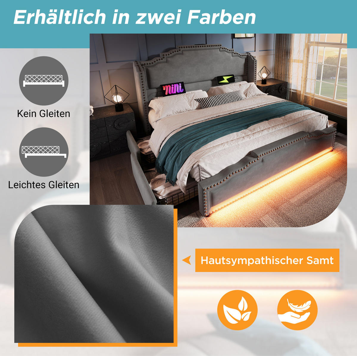 POLSTERBETT 160/200 cm mit LED-Beleuchtung, USB-C-Anschluss, 4 Schubladen und Lattenrost, Samt, Grau - Grau, Textil (160/200cm) - Redom