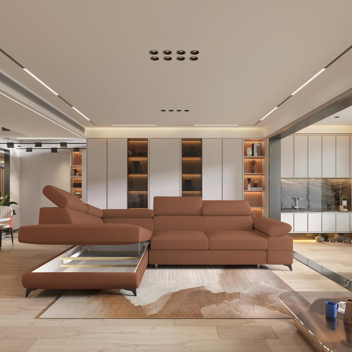 ECKSOFA FAVIEN L-S Kupferfarben Boucle-Stoff mit Schlaffunktion - Kupferfarben, Holz (257/190cm) - MASSENO