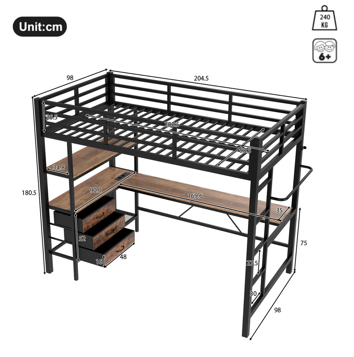 HOCHBETT mit Schreibtisch 90/200 cm in Schwarz – mit Treppe, Stauraum und LED - Schwarz, Metall (90/200cm) - BEAOK