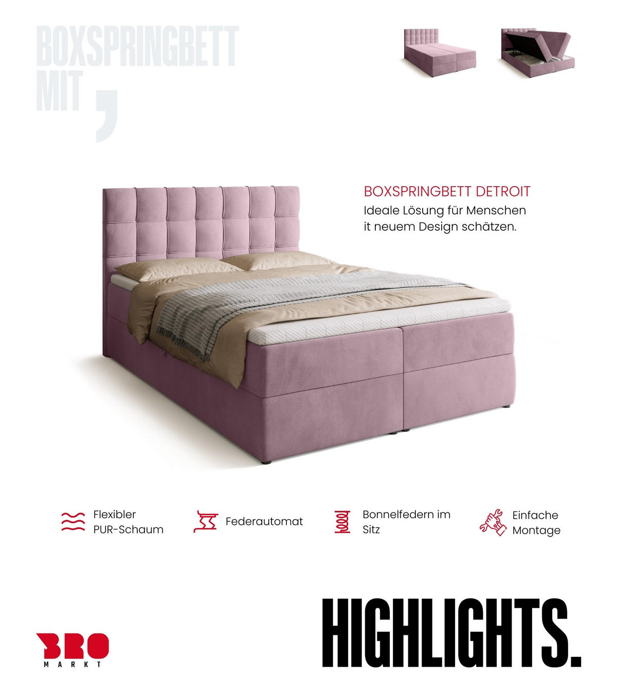 BOXBETT Detroit mit Topper 140/200 Rosa - Rosa, Holzwerkstoff/Textil (140/200cm) - Bromarkt