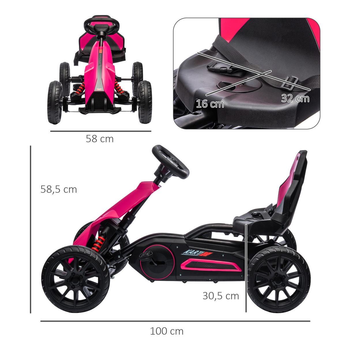 KINDER GO KART TRETAUTO, Rosa, Kunststoff, Metall - Rosa, Kunststoff (100/58/58.5cm) - HOMCOM