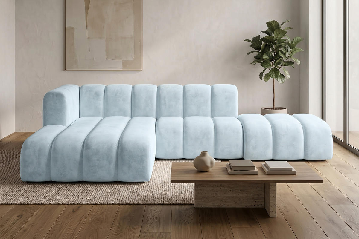 ECKSOFA Modulares In L-Form Mit Hocker, Velvet-Stoff Riviera, Babyblau, Links, GRAND Mini - Hellblau, Holz (295/179cm) - Kaiser Möbel
