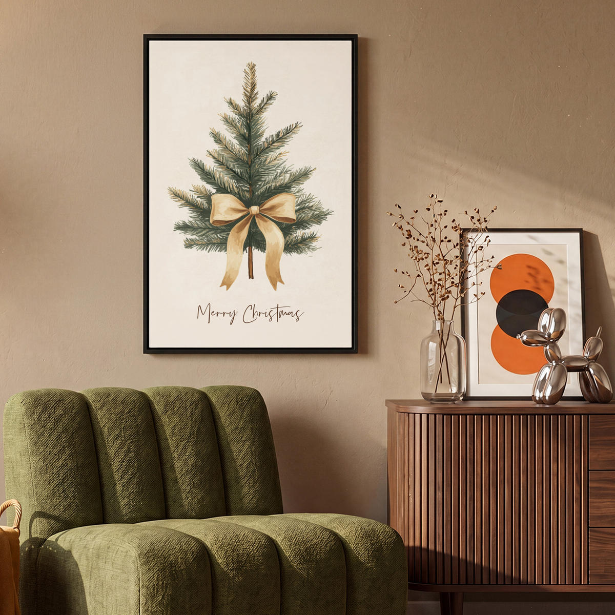 LEINWAND Bilder mit Rahmen - Weihnachtsbaum - Weihnachten - Frohe Weihnachten - Beige - 60x90 - Sandfarben, Textil (60/90cm) - MuchoWow