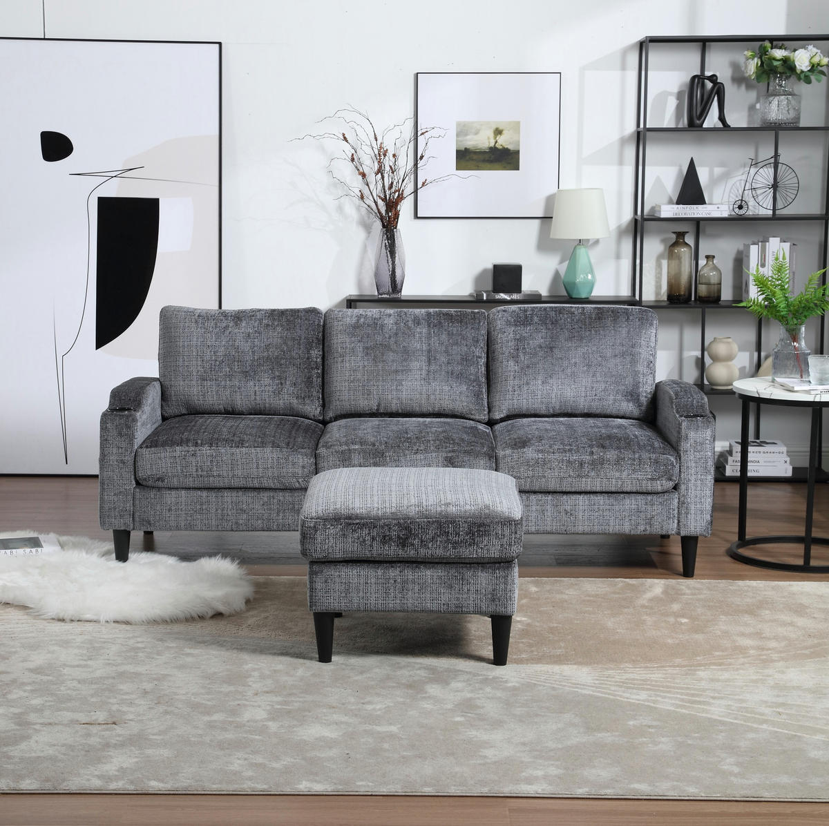SOFA 4-Sitzer mit Hocker und Stauraum 196,5 x 75 x 77 cm Chenille Gray - Grau, Kunststoff (196.5/77/75cm) - Meubliv