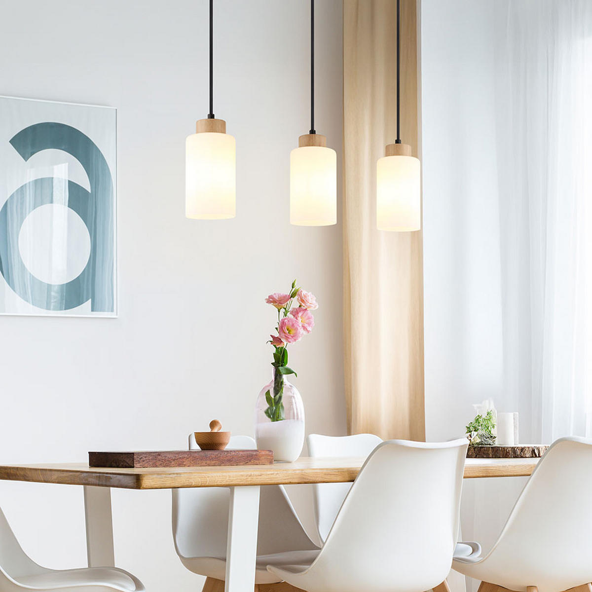 PENDELLEUCHTE Holz braun, 3-flammig, Glas opal - Braun, Holz (60/10/120cm) - Globo Lighting
