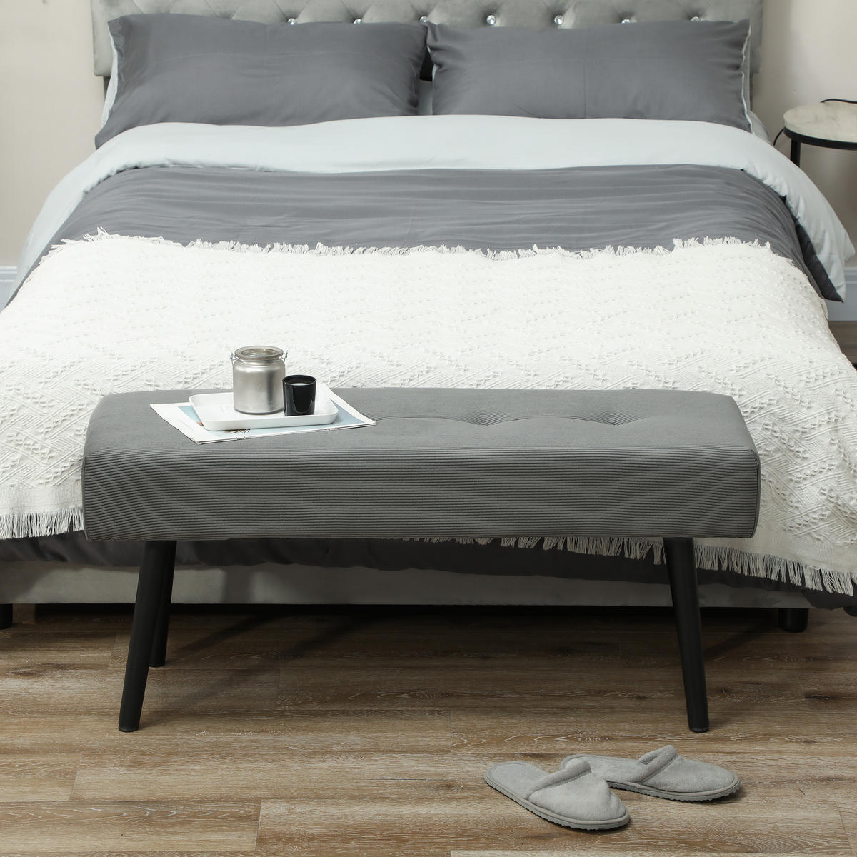 SITZBANK Polsterbank mit Cordbezug, Bettbank mit Metallbeine, Schuhbank Grau - Grau, Kunststoff (36/45/100cm) - HOMCOM