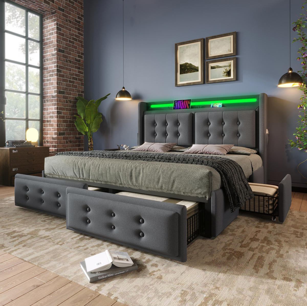 POLSTERBETT 160/200 cm aus Baumwoll-Leinenstoff mit LED, USB-C, Steckdosen, 4 Schubladen und Matratze, Grau - Grau, Textil (160/200cm) - Redom