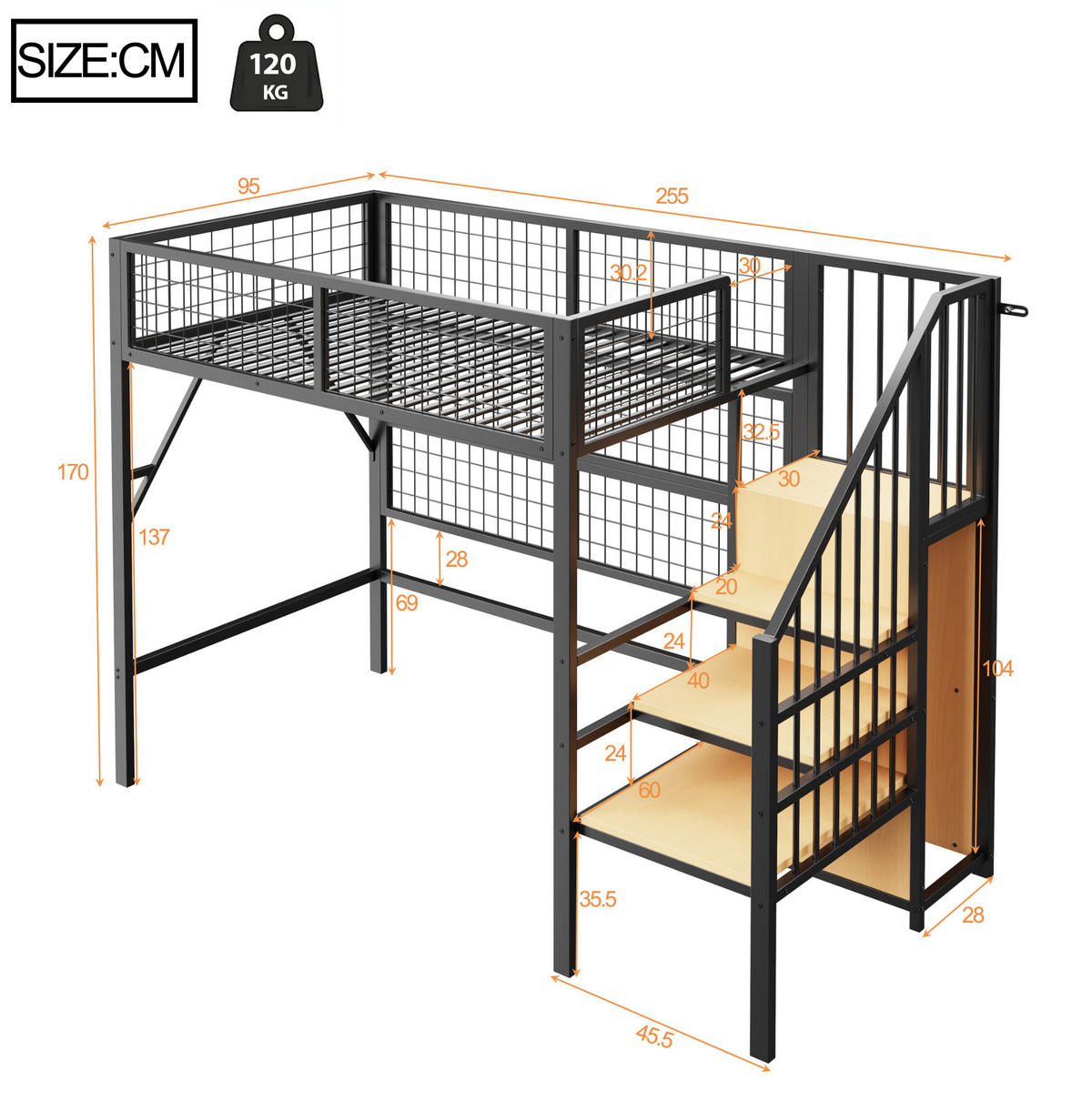 HOCHBETT 90/200 cm aus Metall mit LED-Beleuchtung und Stauraumtreppe, Schwarz - Schwarz, Metall (90/200cm) - Flora Grace