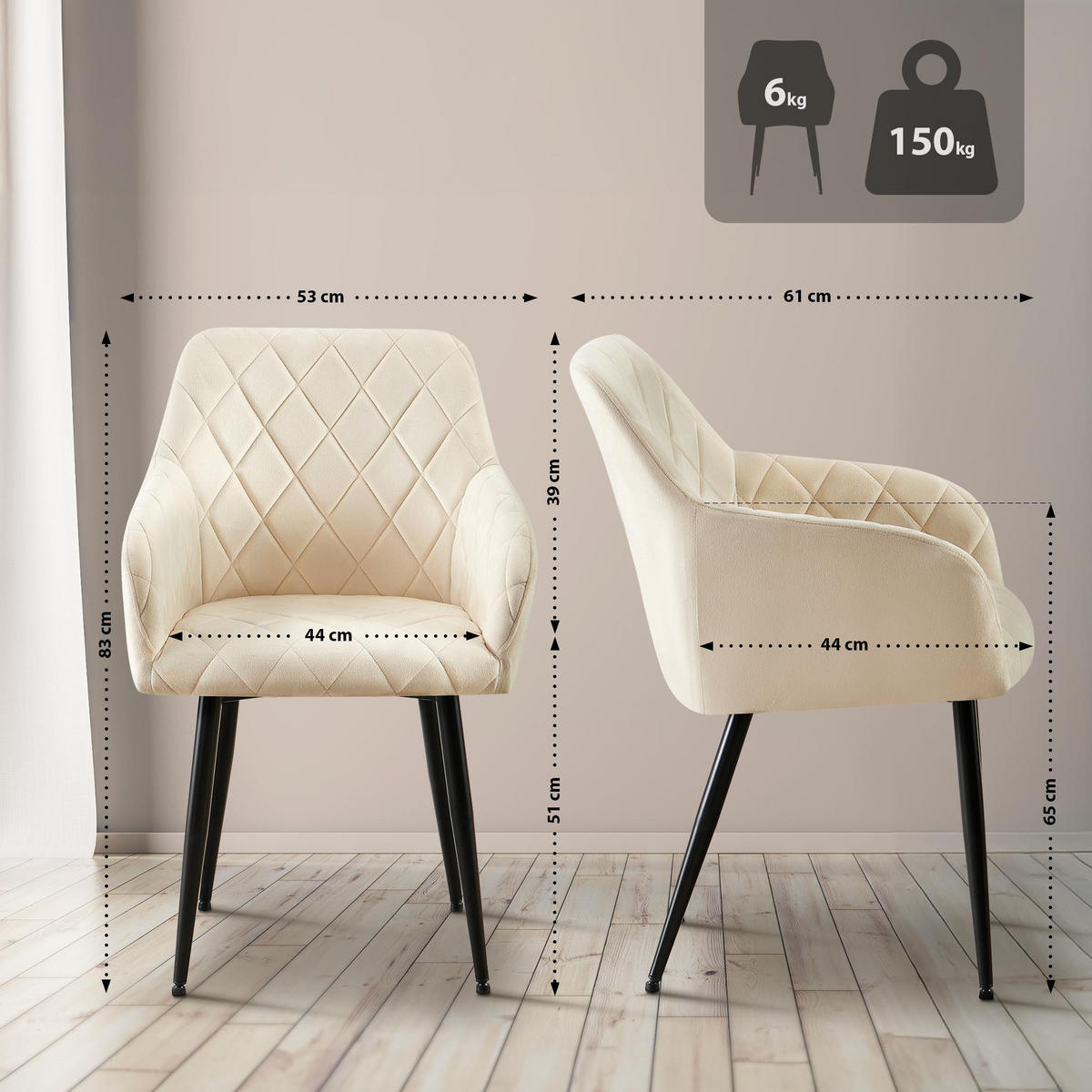 ARMLEHNENSTUHL Samt Creme - Creme, Textil (53/83/61cm) - CLP