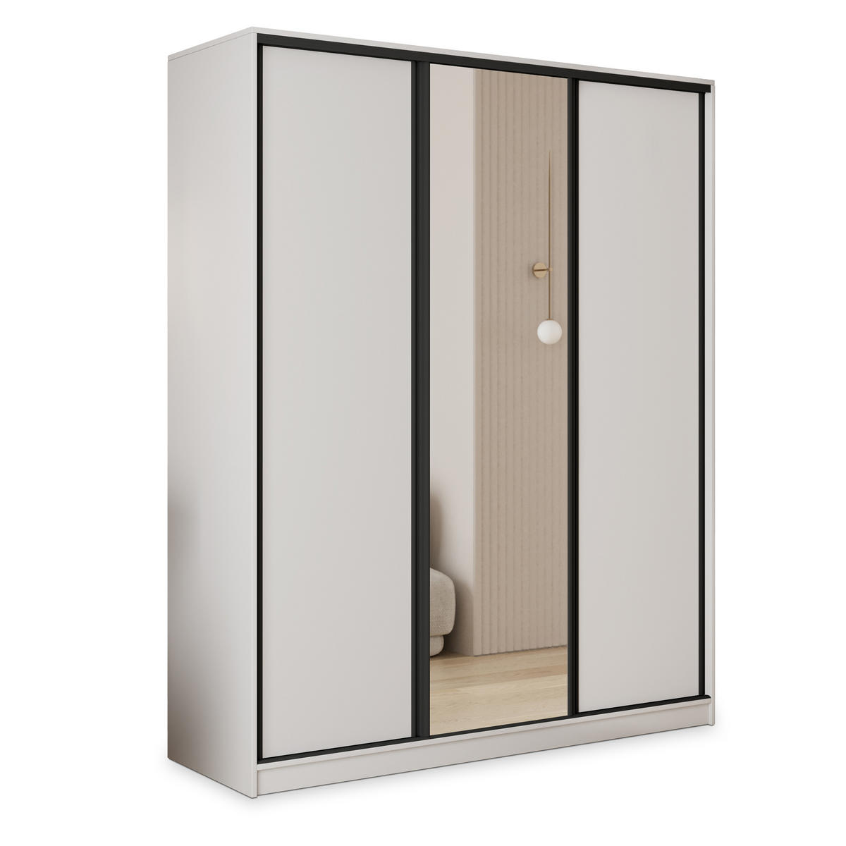 SCHWEBETÜRENSCHRANK TARI 150/205/58 cm 3-türig mit Spiegel und Schubladen Weiß - Schwarz/Weiß, Holzwerkstoff (150/205/58cm) - MASSENO