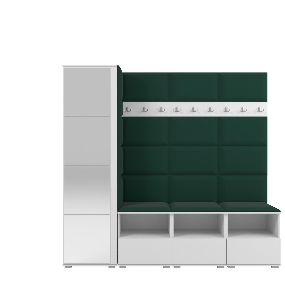 GARDEROBE NELA IX 200 cm (Modulare Flurmöbel Weiß mit Spiegel & Sitzpolster Flaschengrün 28 Breite Sitzbank) - Dunkelgrün/Silberfarben, Holz/Holzwerkstoff (200/187/40cm) - Ravio