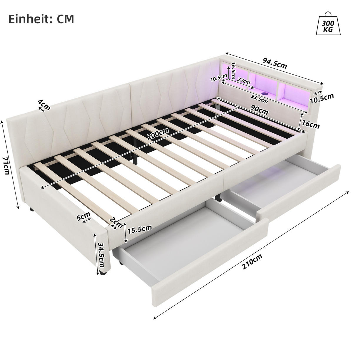 POLSTERBETT 90/200 cm Beige aus Leinen und MDF mit LED-Lichtleiste - Beige, Textil (90/200cm) - OKMYHOME