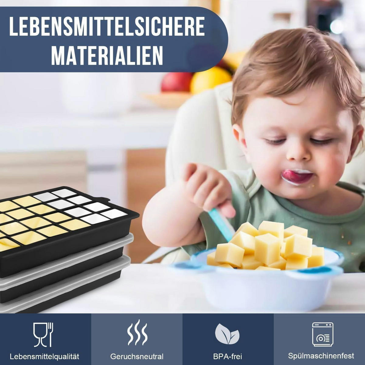 EISWÜRFELFORM 3er-Set Silikon mit Deckel 72 Eiswürfel - Schwarz, Kunststoff (1/1/1cm)