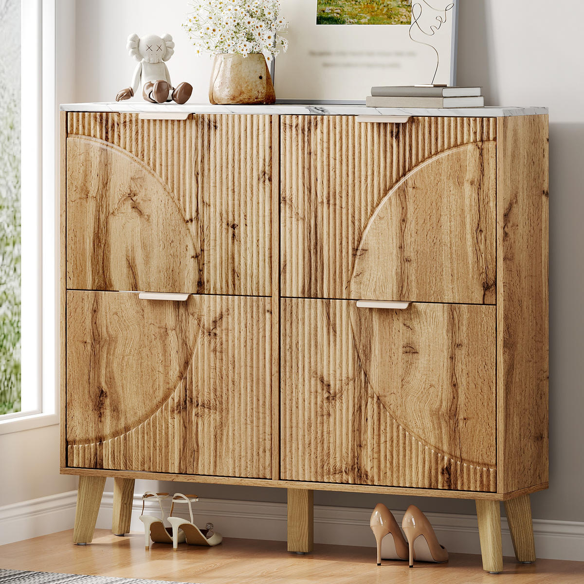 SCHUHSCHRANK aus MDF 105x24x95,5cm in Natur mit 4 Klapptüren - Naturfarben, Holzwerkstoff (105/95.5/24cm) - Modfu