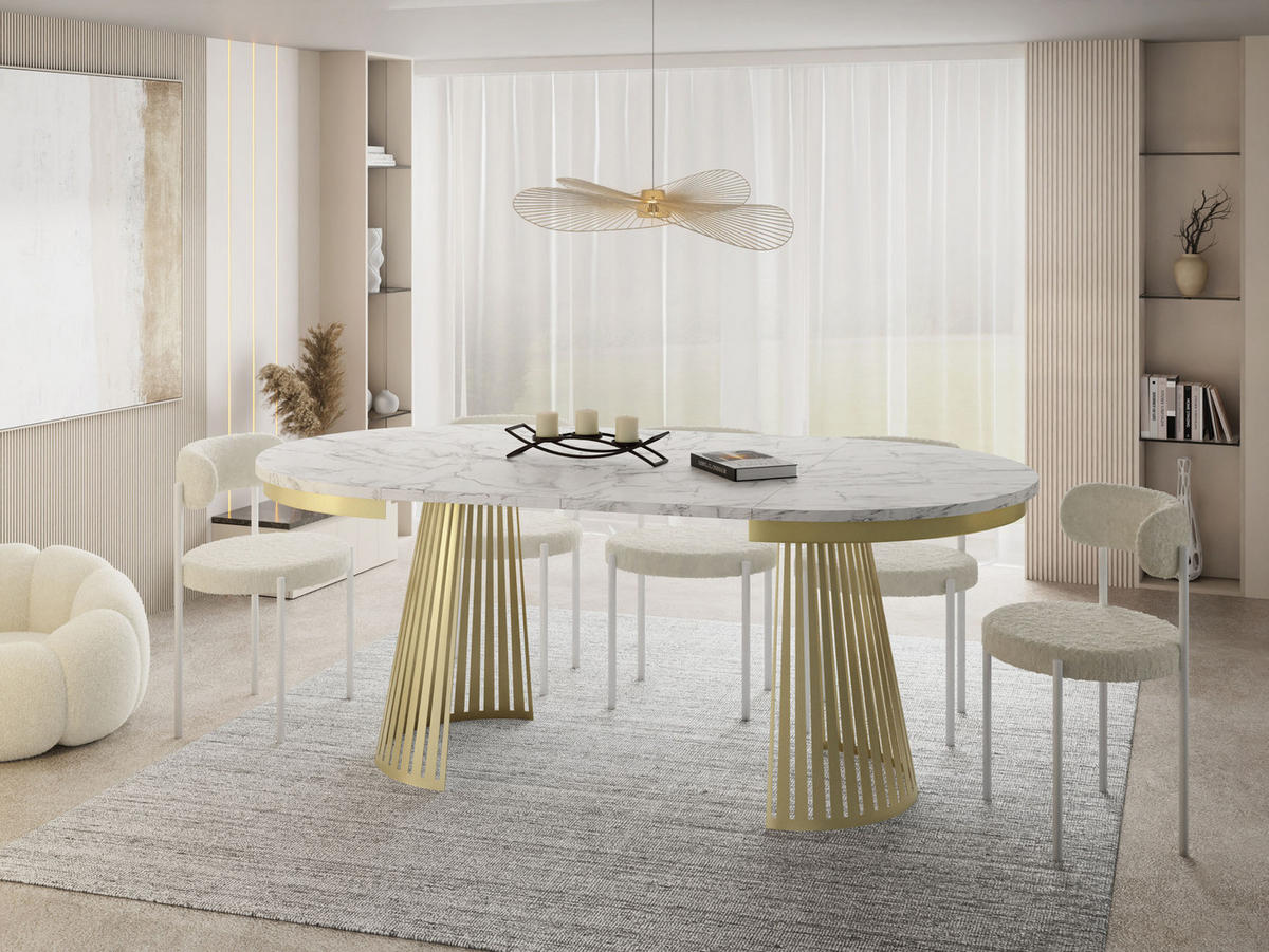 ESSTISCH Naro rund ausziehbar mit Goldem Lamellen-Metallgestell, Marmor Weiß 100-180/100/76 cm - Ecru/Goldfarben, Holzwerkstoff/Metall (100/100/76cm) - WFL GROUP