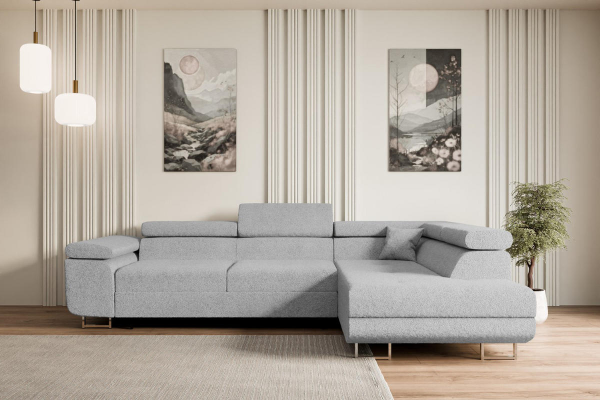 ECKSOFA mit Schlaffunktion und Bettkasten GUSA-L 272x202x107 cm Grau Bouclé - Silberfarben/Hellgrau, Holzwerkstoff/Textil (272/202cm) - ALTDECOR
