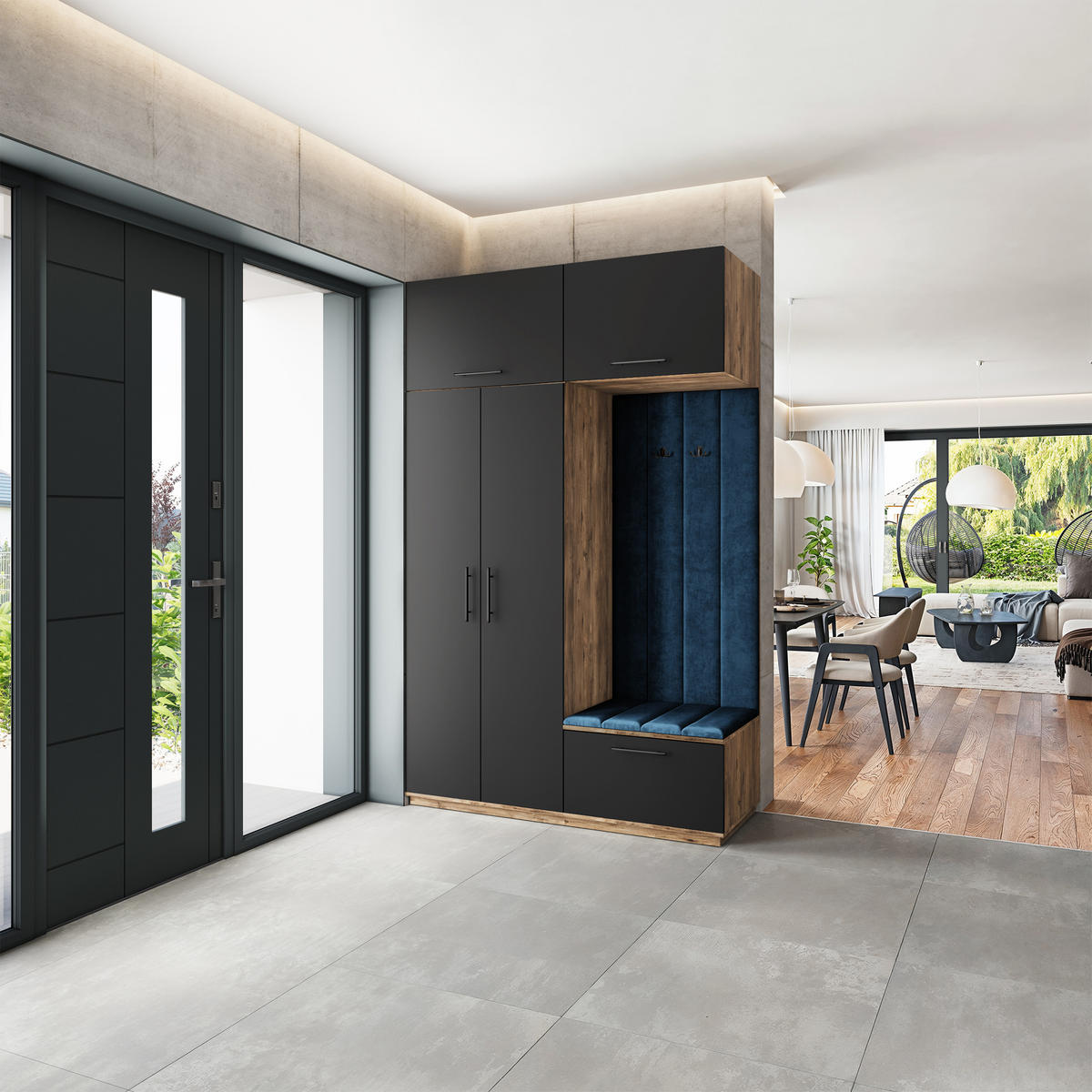 GARDEROBENSCHRANK REMA 150/240/60 cm Modern Garderobe-Set Eiche Lefkas - Blau/Eichefarben, Holzwerkstoff (150/240/60cm) - MASSENO