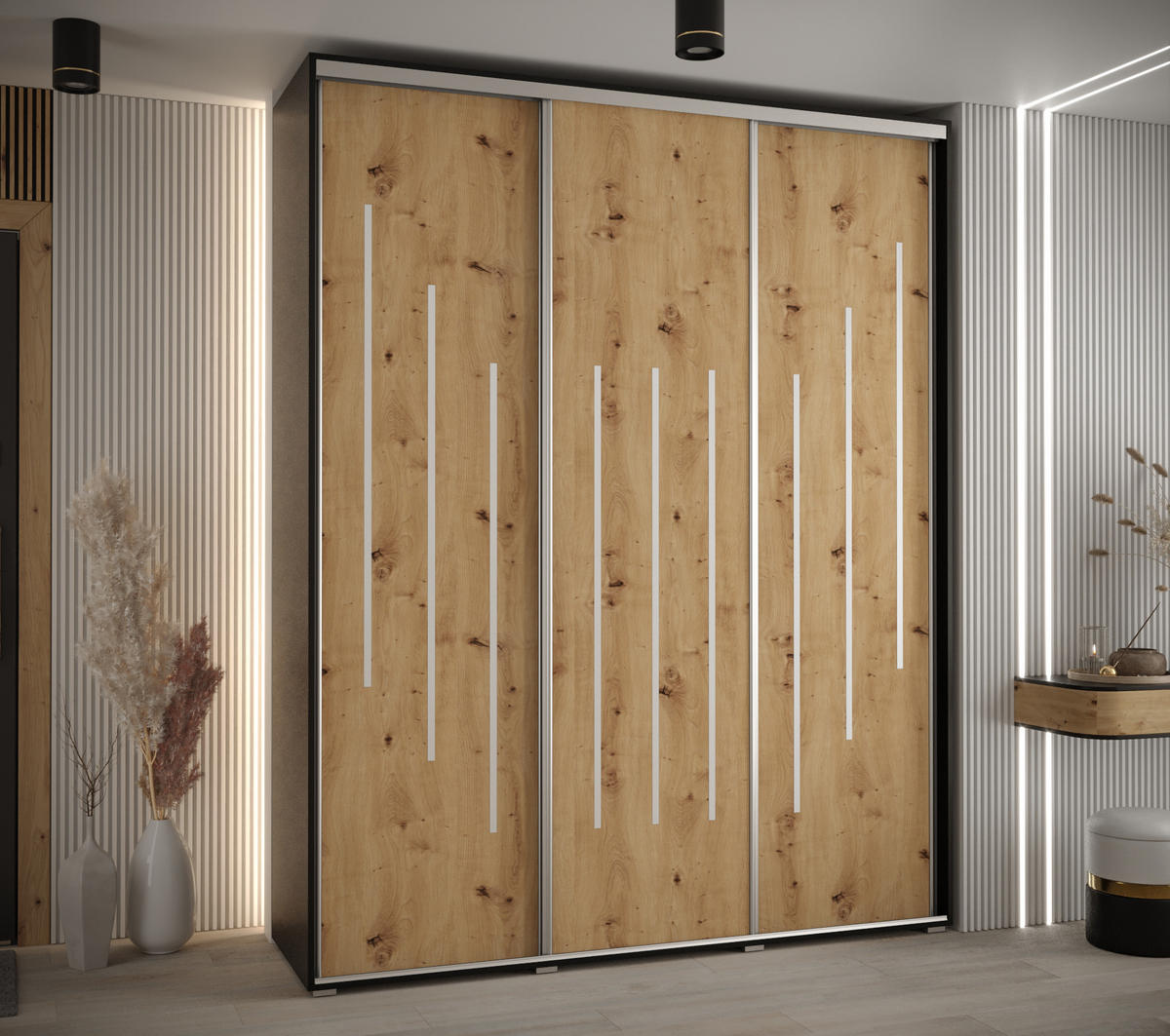 SCHWEBETÜRENSCHRANK 235,2/200/60 3-türig - Silberfarben/Schwarz, Holz/Metall (200/235/60cm) - Abiks Möbel