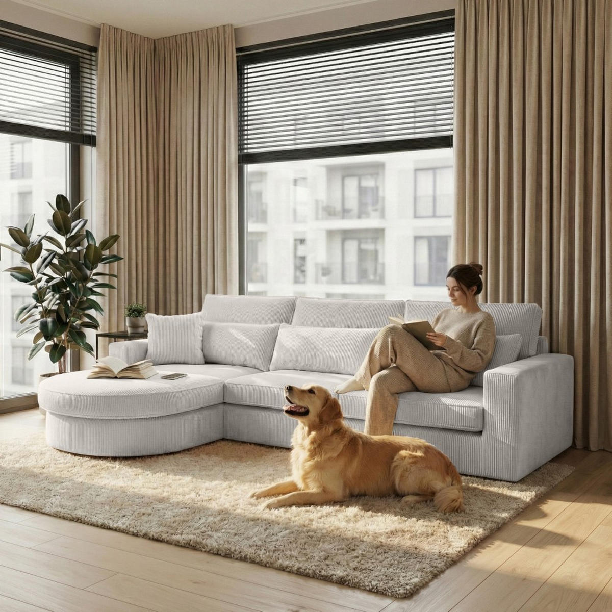 ECKSOFA Pablo ohne Schlaffunktion, mit abgerundeter Ottomane, links, Graubeige - Hellgrau, Textil (319/196cm) - Beautysofa