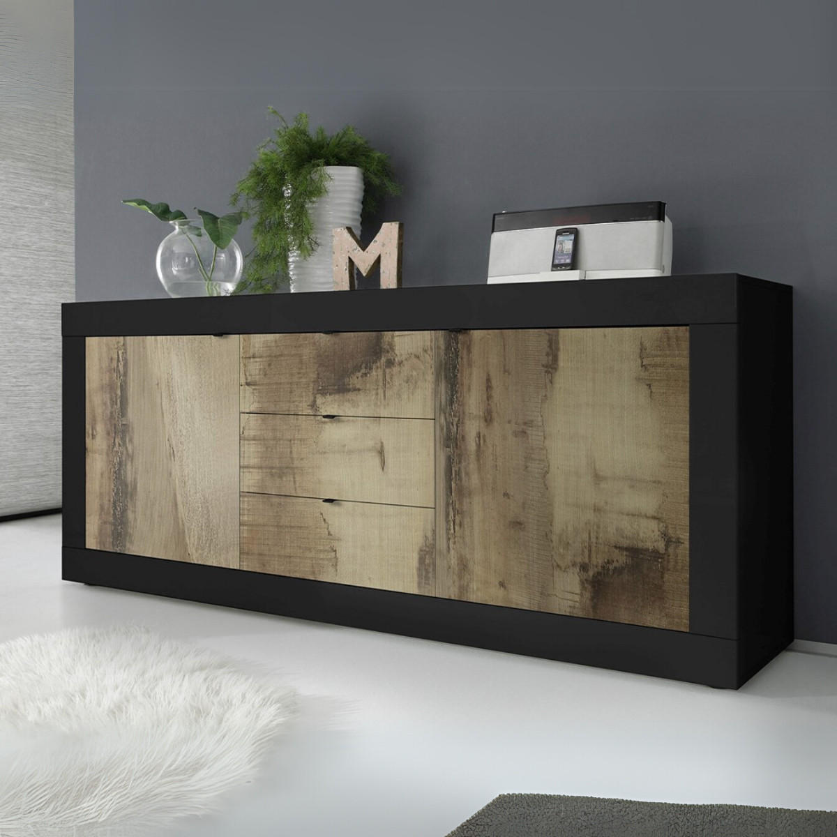 SIDEBOARD 2 Türen 3 Schubladen L210 cm - Initial - Schwarz, Holzwerkstoff (42/85.8/210cm) - Calicosy