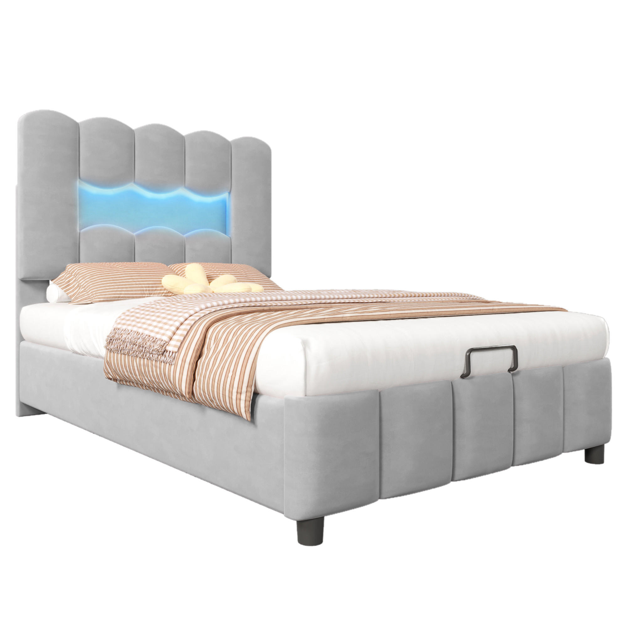 POLSTERBETT 90/200 cm Grau mit Hydraulik und LED-Beleuchtung - Grau, Textil (90/200cm) - OKWISH