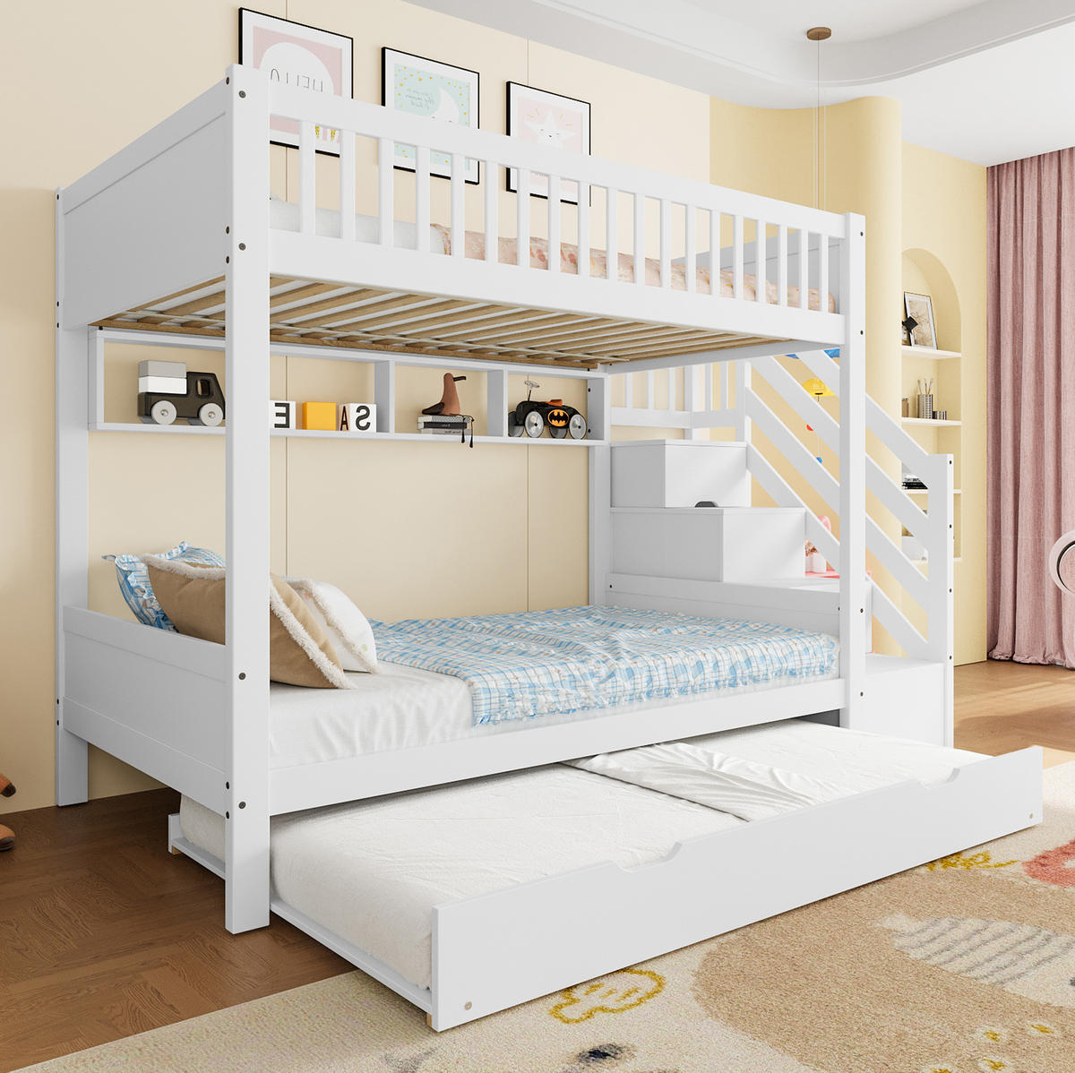 ETAGENBETT 90/200 cm mit Ausziehbett, Kleiderschrank, Regal und Stauraumtreppe aus Kiefern , Weiß - Weiß, Holzwerkstoff (90/200cm) - Redom
