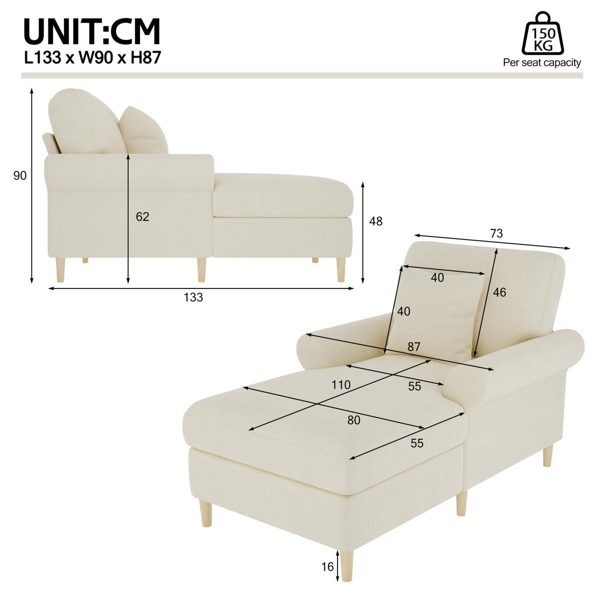RELAXSESSEL Samt mit Liegefunktion und Kissen 133/87/90 cm Beige - Beige, Kunststoff/Textil (87/90/133cm) - Redom