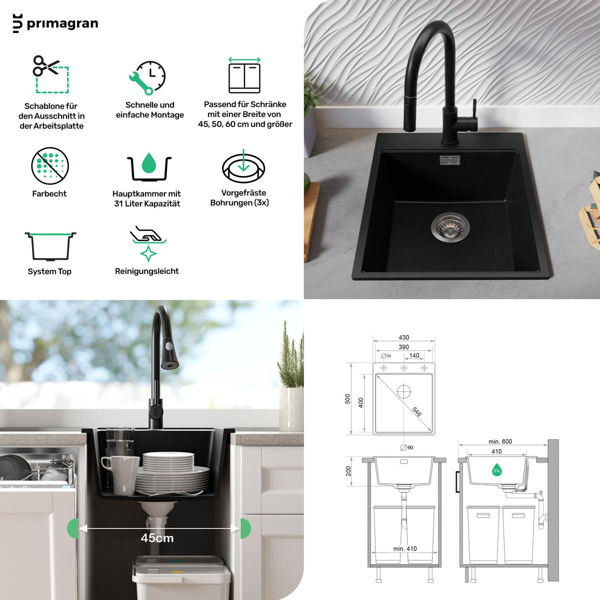 SPÜLBECKEN Oslo, 2-er set Schwarz Metallic 43/50 cm 1 Becken + Ablauf-Set + Schneidebrett ab 45er Unterschrank - Chromfarben/Schwarz Hochglanz, Kunststoff (43/20/50cm) - Primagran