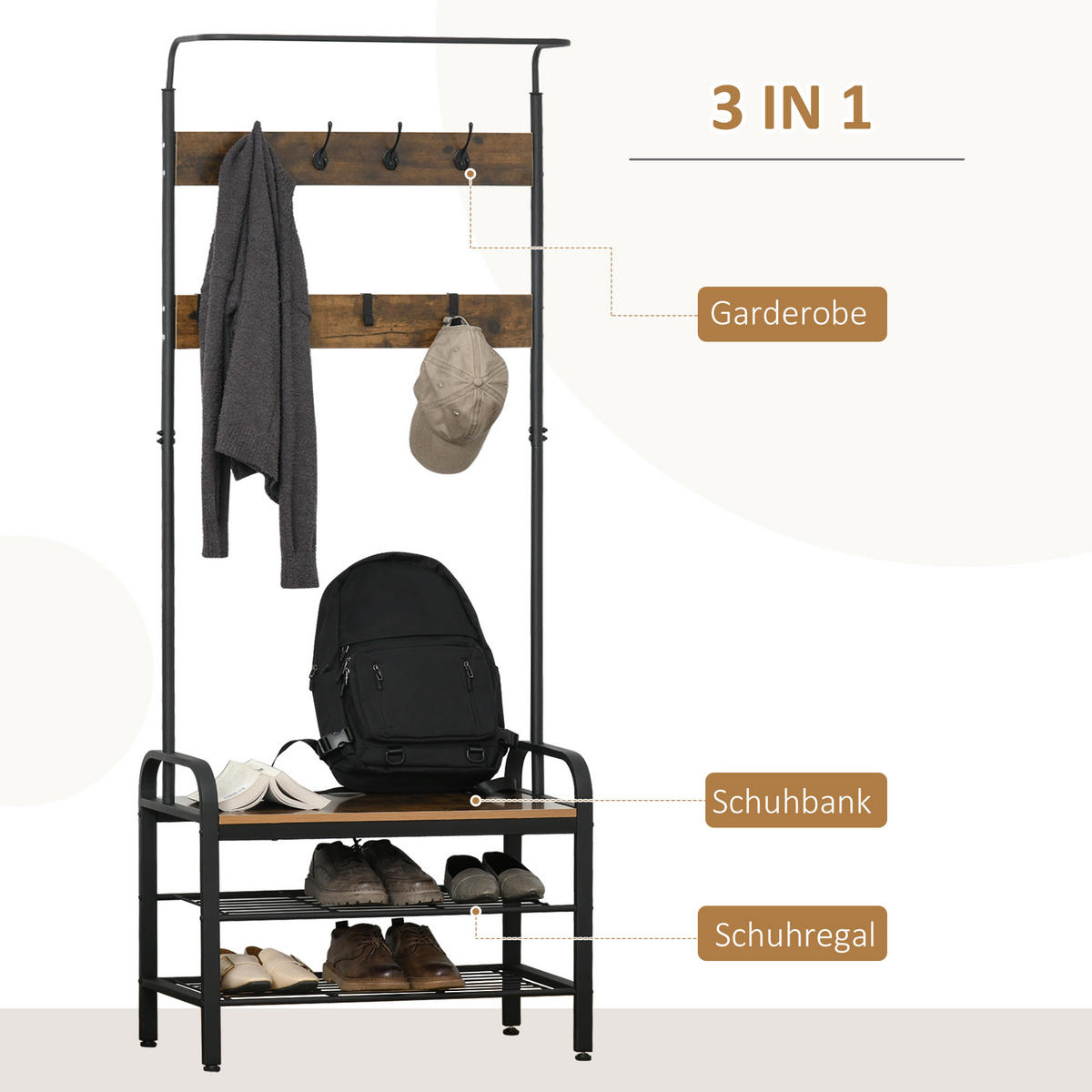 GARDEROBENSTÄNDER - Schwarz/Naturfarben, Holzwerkstoff/Metall (34/185/72cm) - HOMCOM