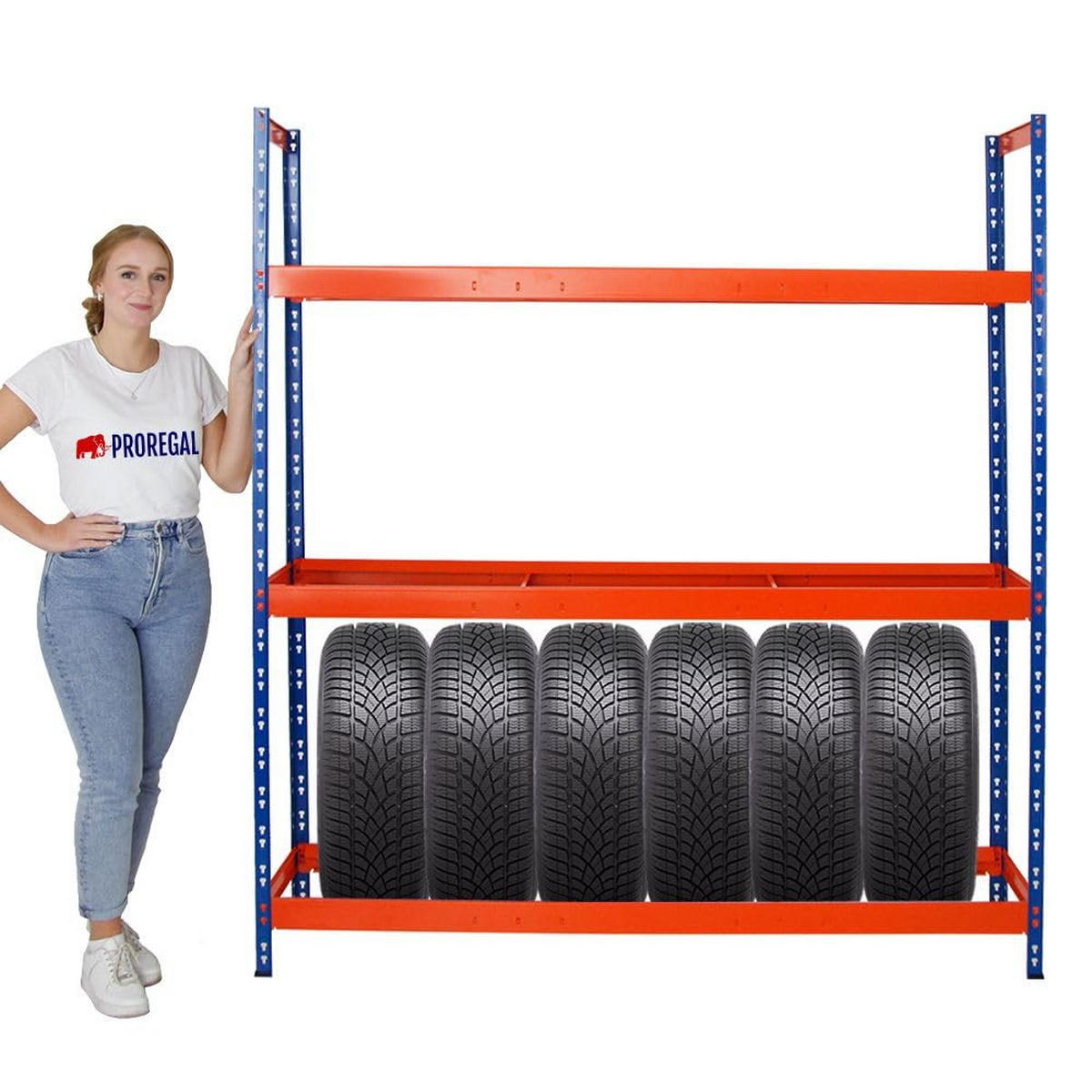 REIFENREGAL Tiger XL 2er-Set mit 2x 200x180x45 cm 300 kg Fachlast bis zu 42 Reifen Blau-Orange - Orange, Metall (360/200/45cm) - PROREGAL