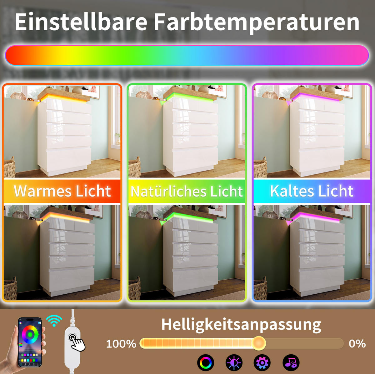 KOMMODE aus Spanplatte und MDF 73x39x115 cm Weiß mit 6 Schubladen und LED-Beleuchtung - Weiß, Holzwerkstoff (73/115/39cm) - IVMEU