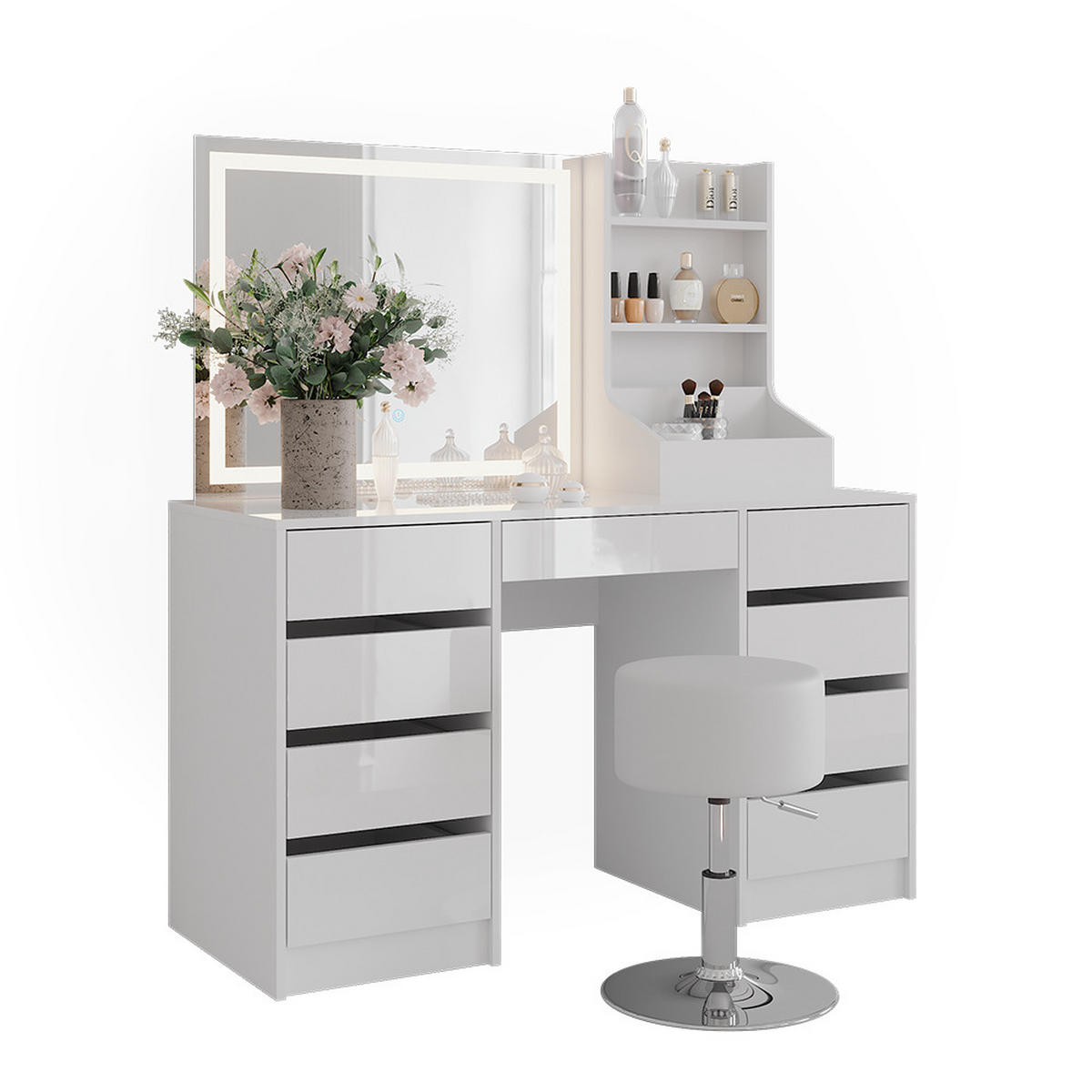 SCHMINKTISCH Sherry Weiß/Weiß Hochglanz 128.2 cm 4 Teile - Weiß Hochglanz, Holzwerkstoff (128.2/76/50.1cm) - Vicco