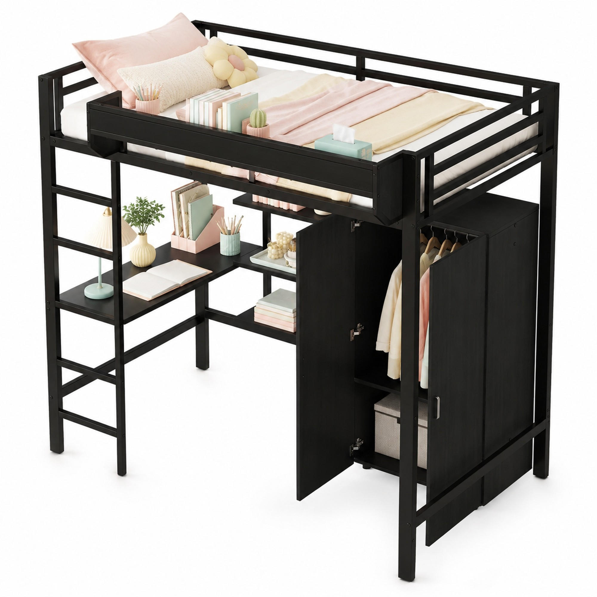HOCHBETT 90/200 mit Schreibtisch, Kleiderschrank und Ablagefächern in Schwarz - Schwarz, Holzwerkstoff/Metall (90/200cm) - EVRYAE