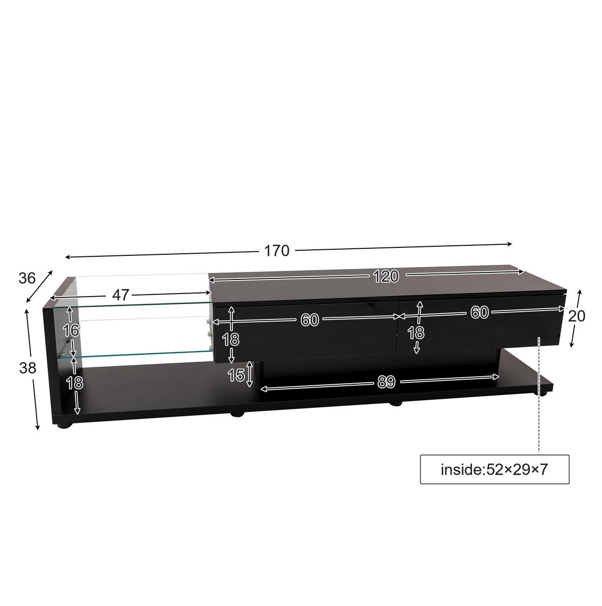 LOWBOARD 170/36/38 cm aus Spanplatte mit Hochglanzfront und LED-Beleuchtung Schwarz - Schwarz, Holzwerkstoff (170/38/36cm) - Modenvie