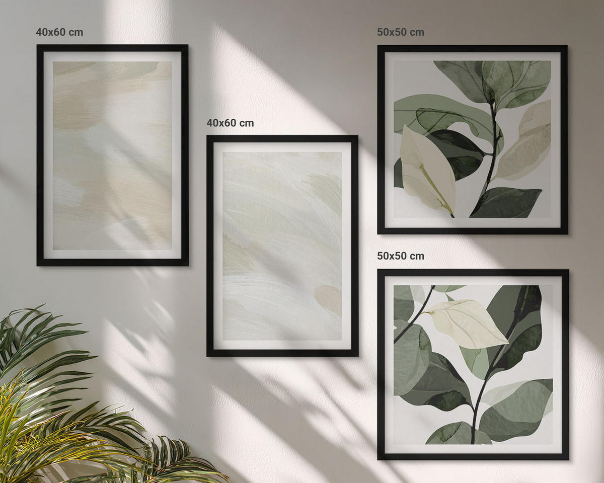 WANDBILDER 4er-Set - 50x50 cm & 40x60 cm Schwarzer Rahmen - Leuchtende, abstrakte Boho-Farben - Schwarz, Kunststoff (50/50cm) - ArtPrintCave