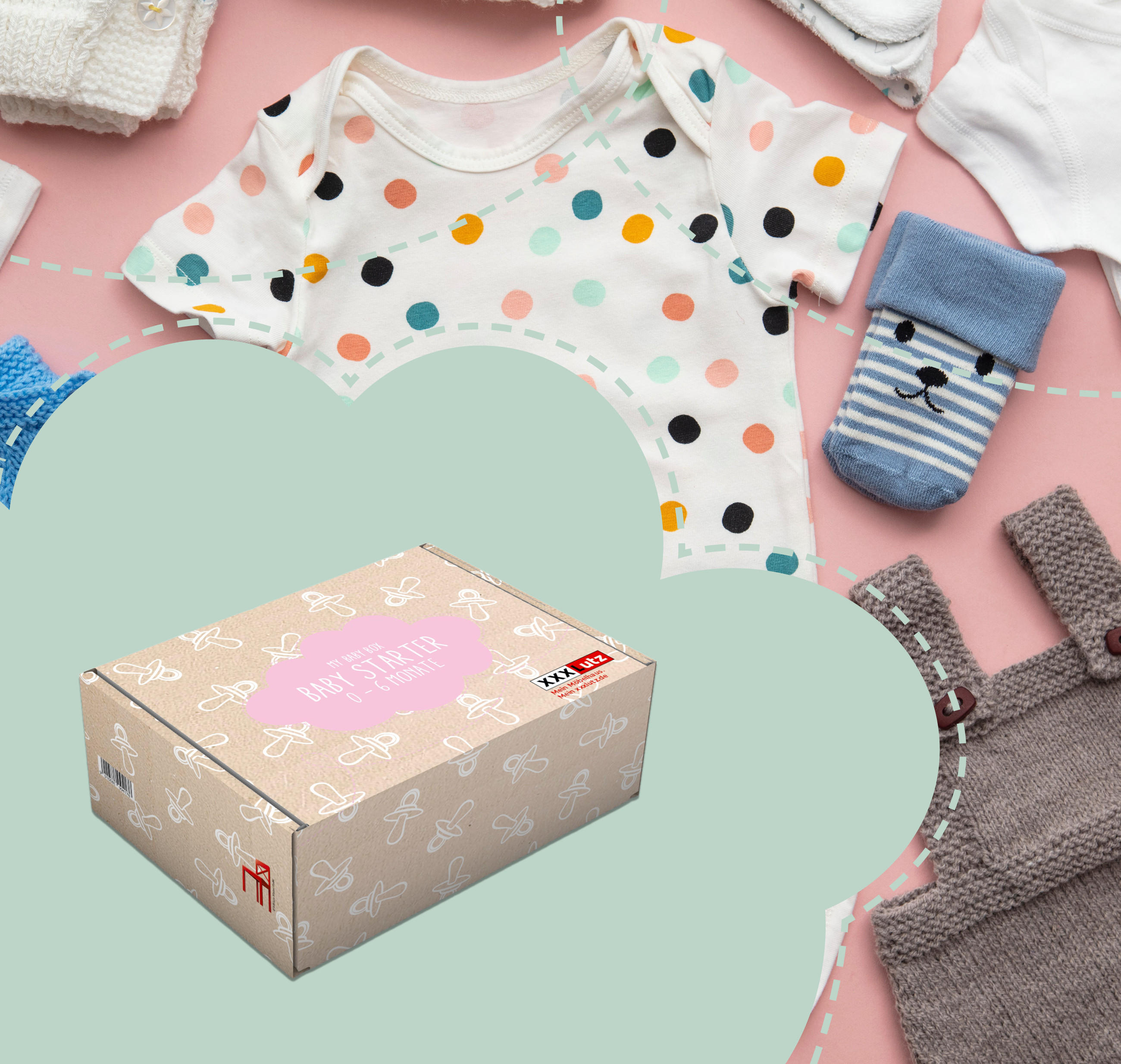 Baby-Starter-Box mit Kleidung und Accessoires: Body, Söckchen, Strickjacke und Hosen für Neugeborene