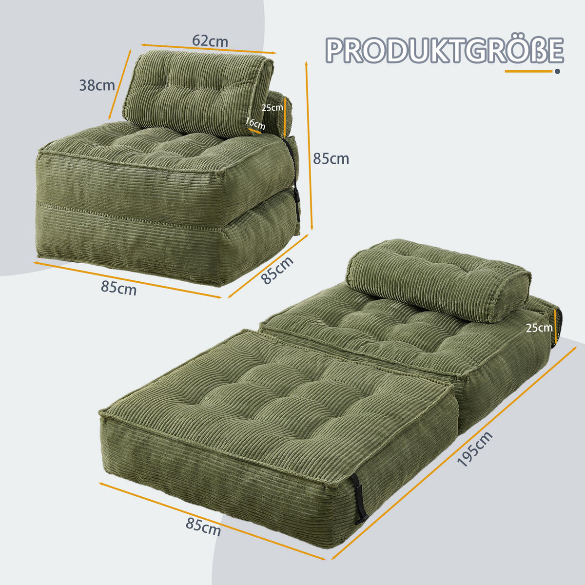 SCHLAFSESSEL 2-in-1 aus weichem Cord, klappbar als Loungesessel und Gästebett - Grün, Kunststoff (85/85/85cm) - Urban Meuble