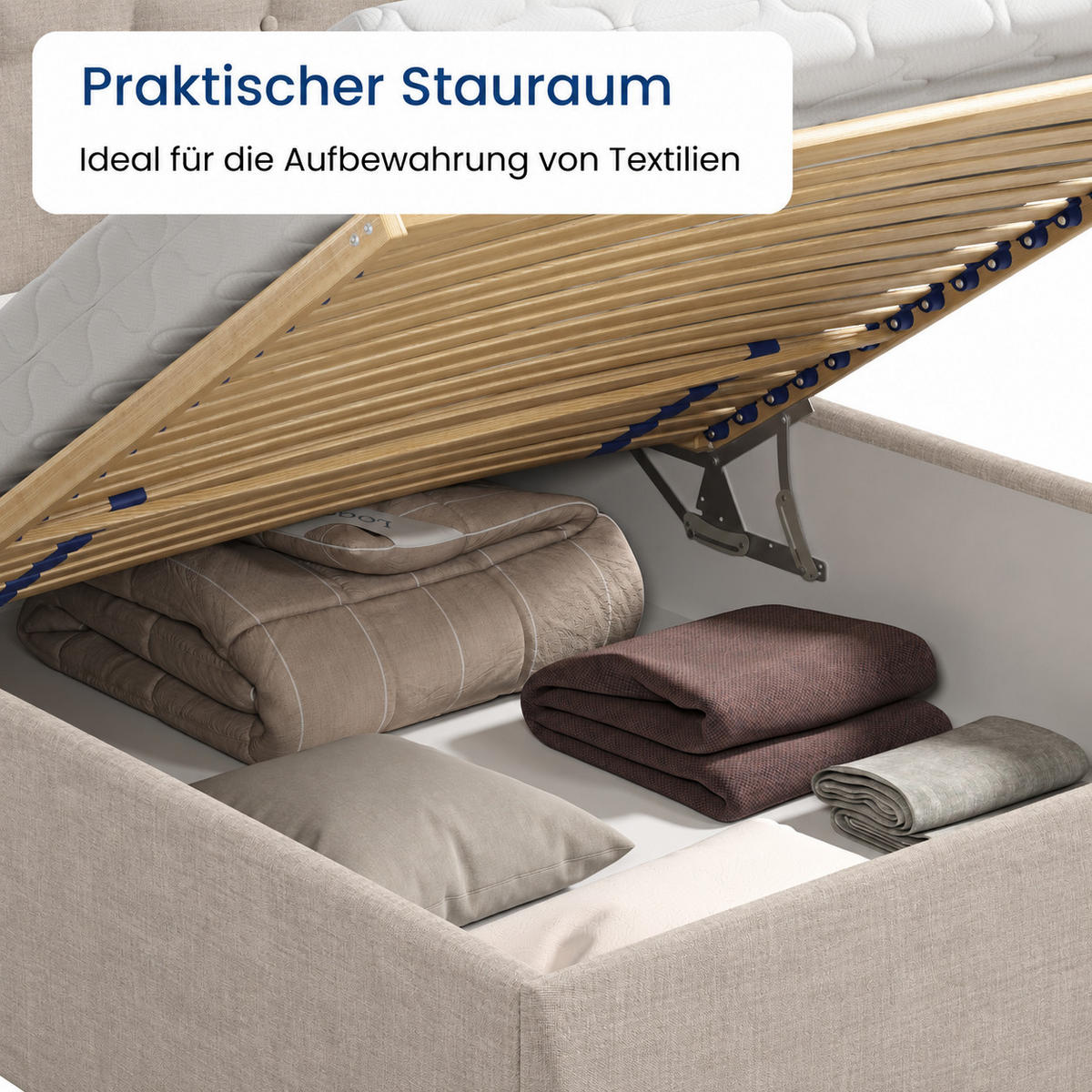 POLSTERBETT mit verstellbarem Lattenrost & Bettkasten, Kaltschaummatratze, 120 x 200 cm in Creme - Creme, Holzwerkstoff/Textil (120/200cm) - Home Collective