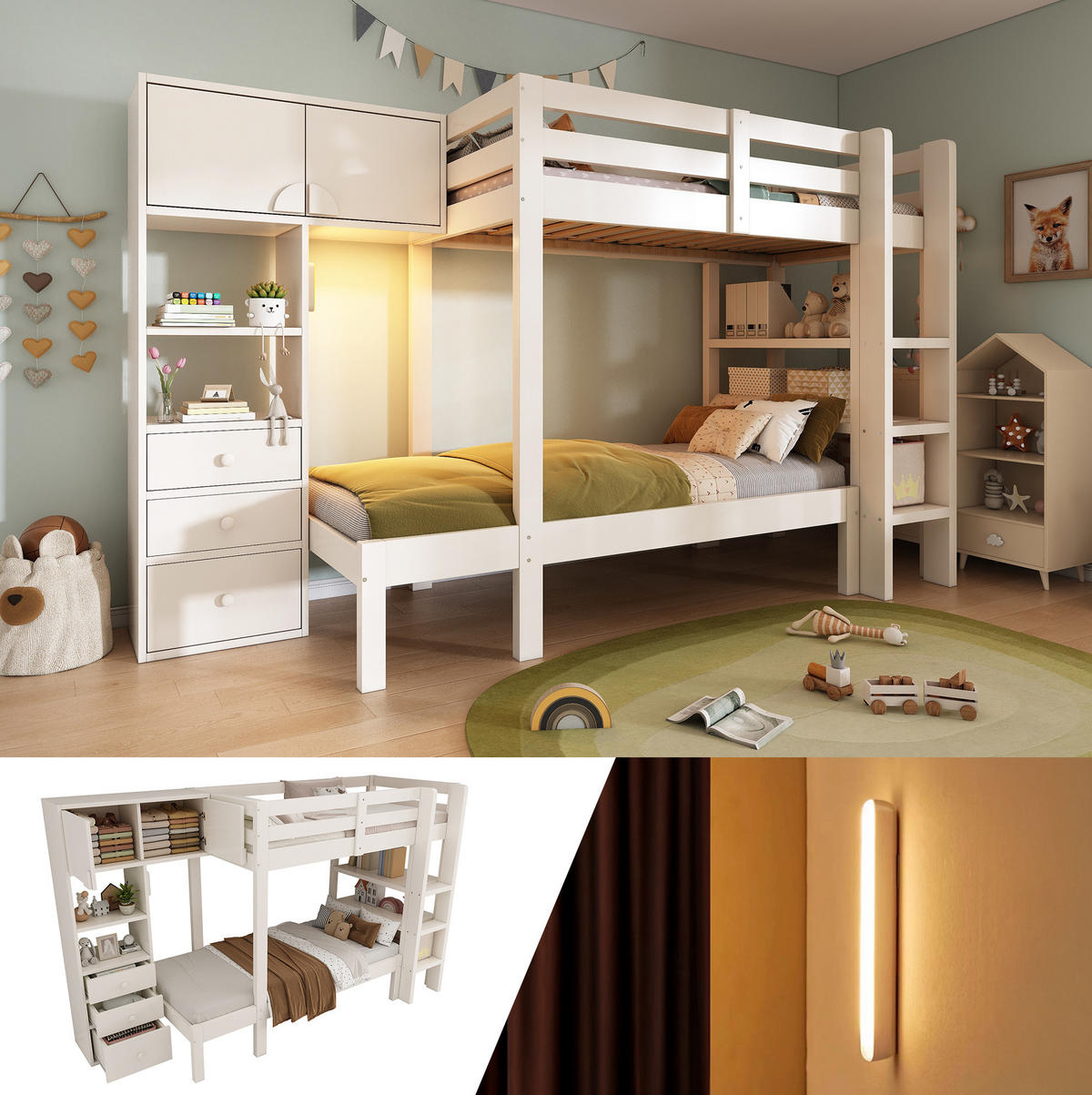 ETAGENBETT 90/200 cm Weiß mit LED-Nachtlicht und Stauraum - Weiß, Holzwerkstoff (90/200cm) - MIVRAY