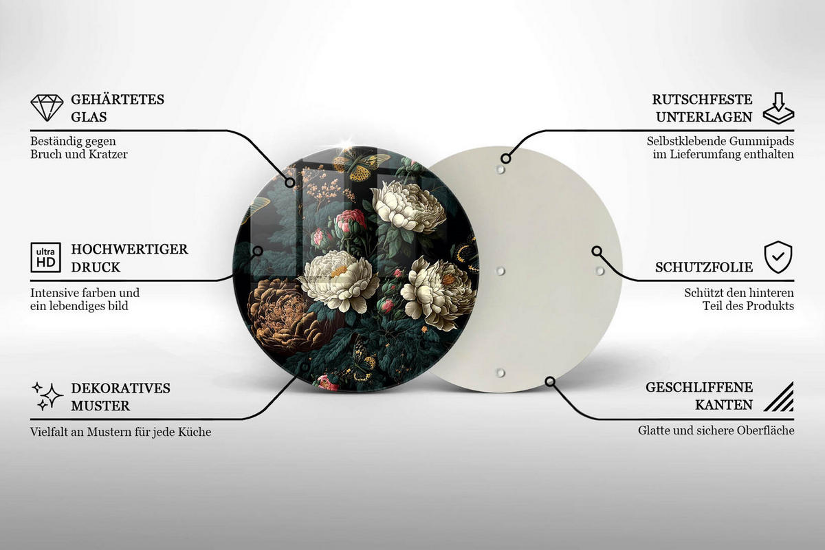 GLASPLATTE Ø 30 cm Vintage Pfingstrosen Blumen - Schwarz, Glas (30/30cm) - Wallfluent