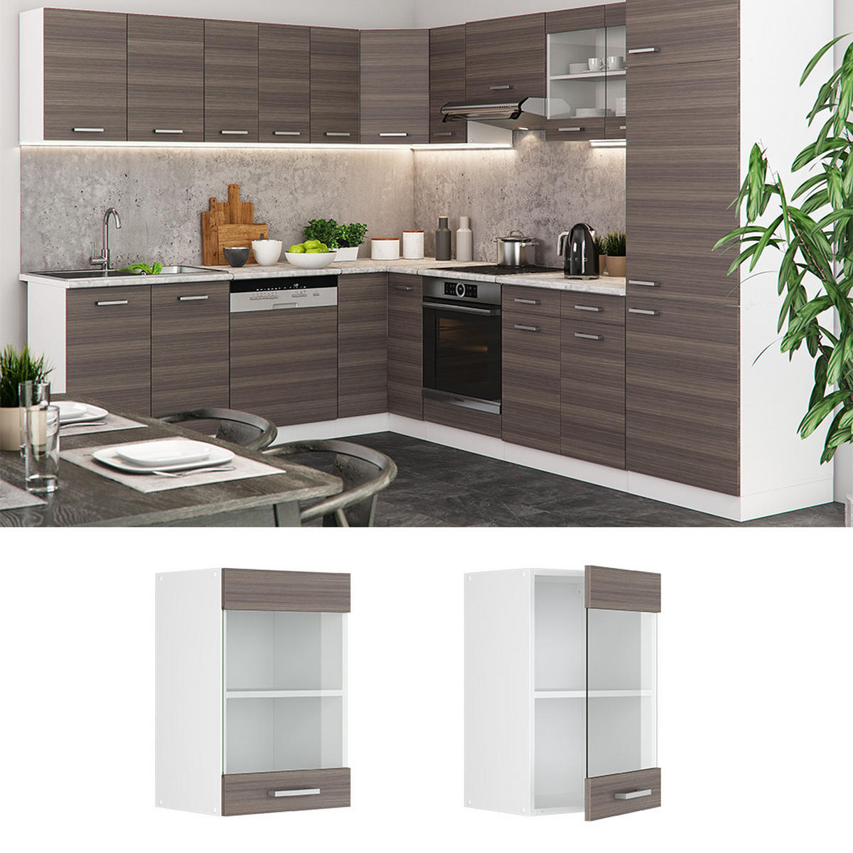 KÜCHENGLASSCHRANK R-Line Grau 40 cm - Weiß/Braun, Holzwerkstoff (40/60/31cm) - Vicco