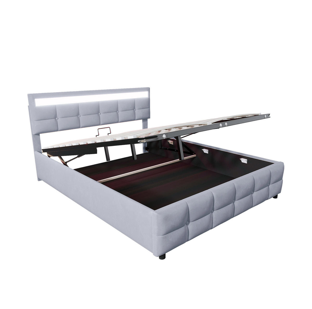 POLSTERBETT 180/200 cm mit LED-Beleuchtung, Lattenrost und hydraulischem Bettkasten aus Samt, Grau - Grau, Textil (180/200cm) - Redom