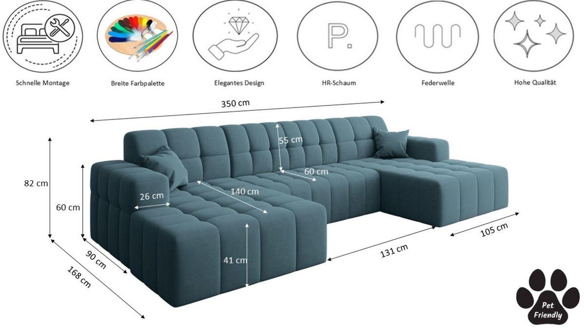 ECKSOFA U-Form Nimes Stoff Portland Blau - Blau, Holz/Textil (168/350cm) - Kaiser Möbel