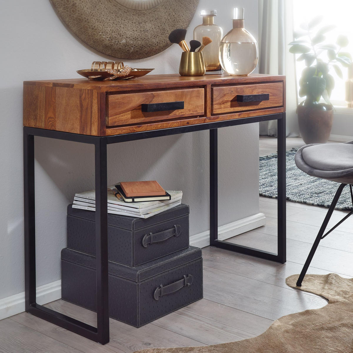KONSOLENTISCH – Massivholz/Metall, schwarz, mit Schubladen, Industrial-Stil - Schwarz/Braun, Holz/Metall (36/90/77cm) - KADIMA DESIGN