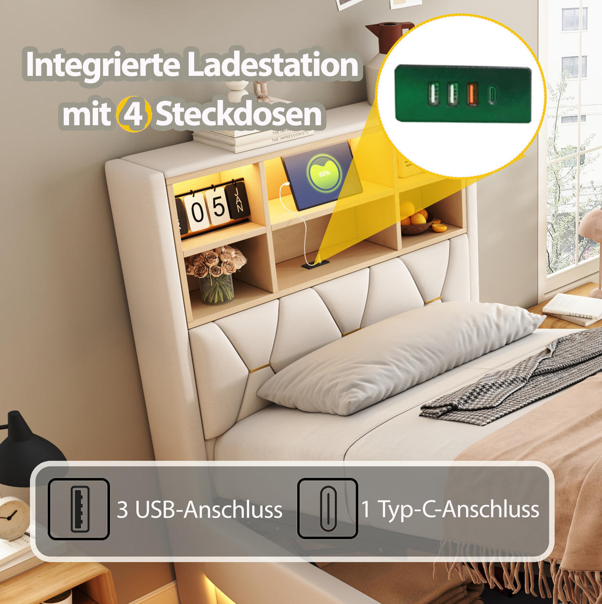 POLSTERBETT 140/200 cm in Beige mit LED-Beleuchtung und Stauraum - Beige, Metall (140/200cm) - Flora Grace