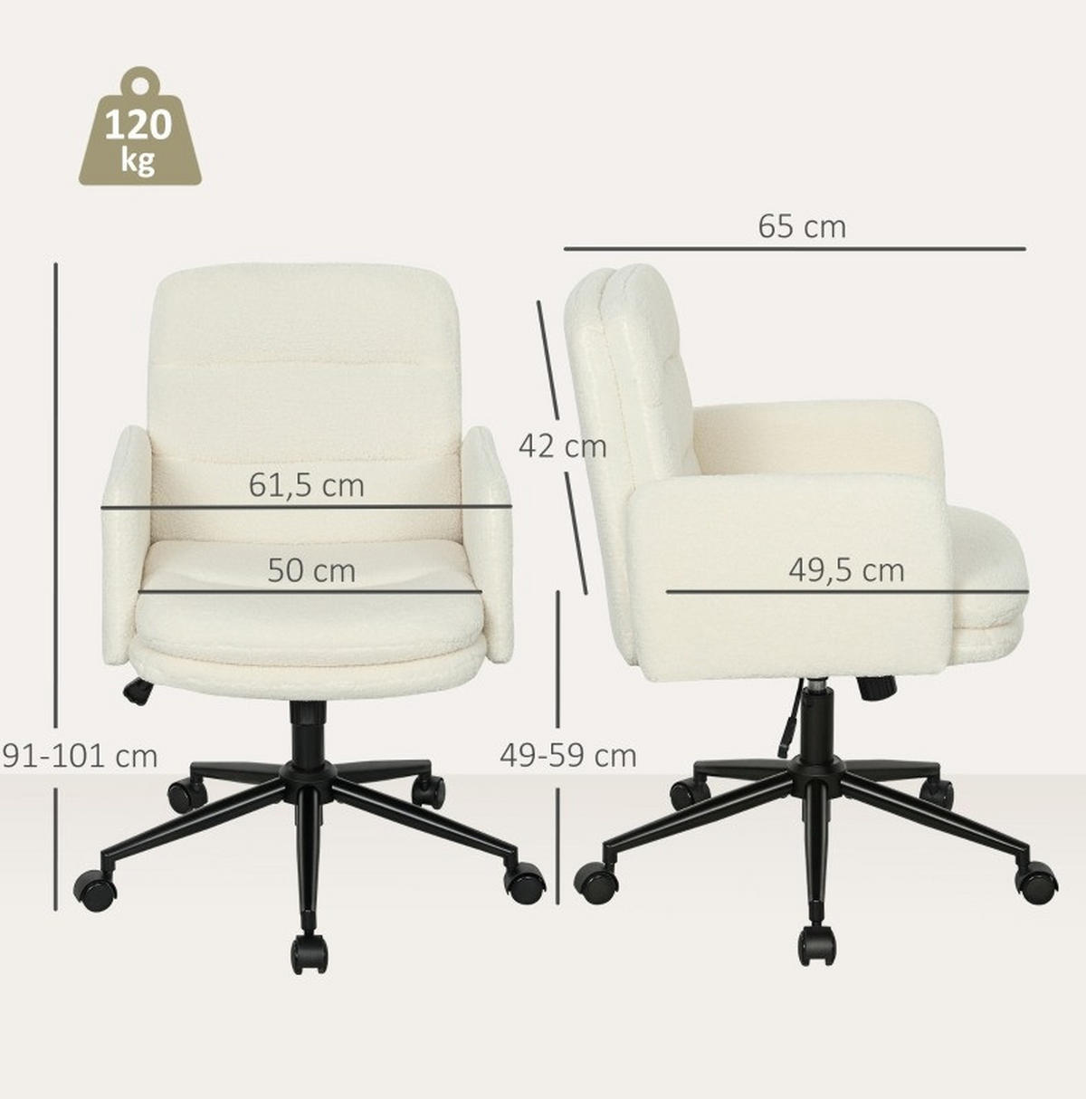 BÜROSTUHL in Cremeweiß 61,5x65x101 cm mit Kippfunktion, höhenverstellbar und drehbar - Creme, Textil (65/101/61.5cm) - IVMEU